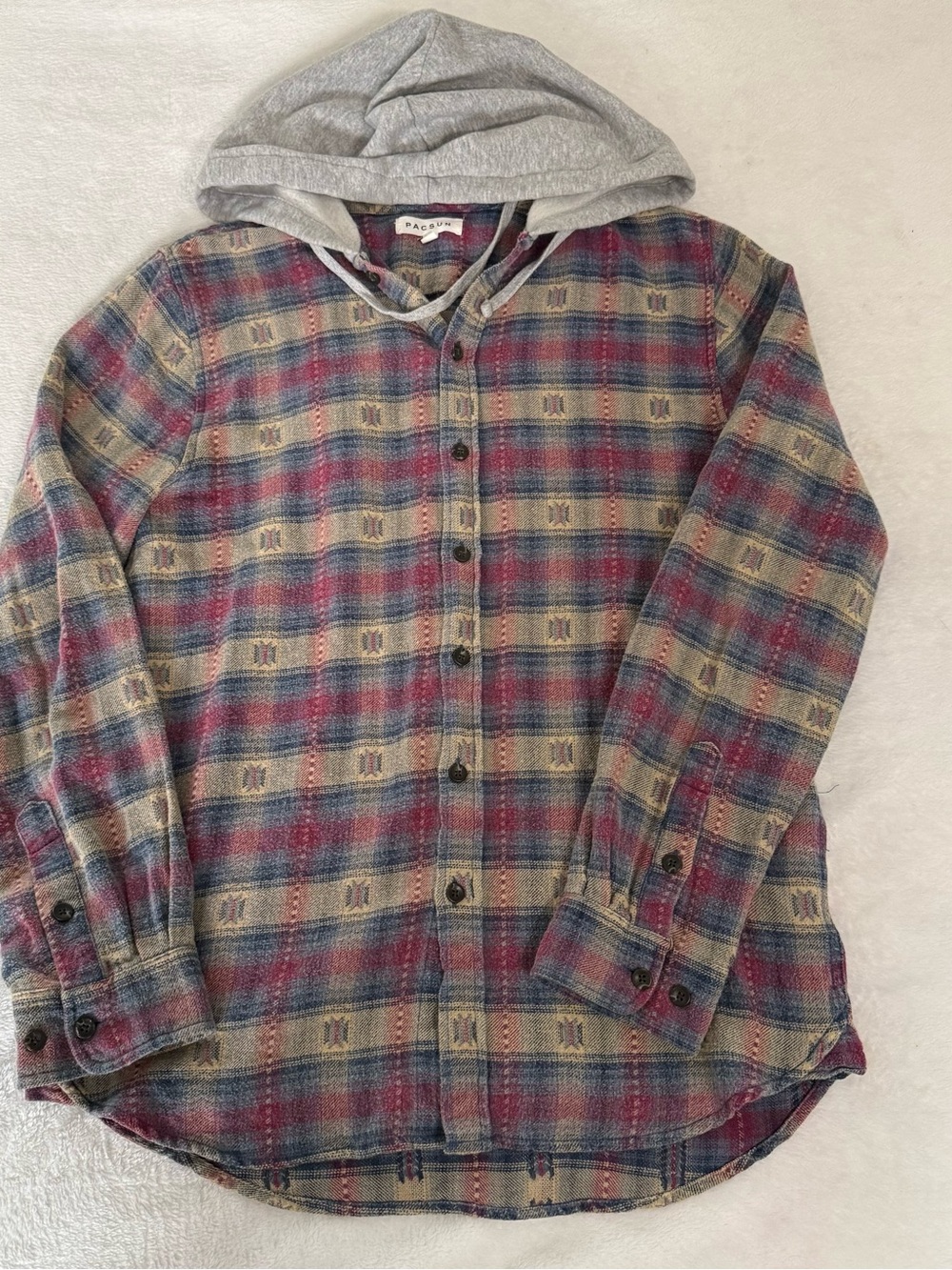 PacSun Mens Small Hooded Flannel Shirt Plaid Grunge Cotton Burgundy Blue
